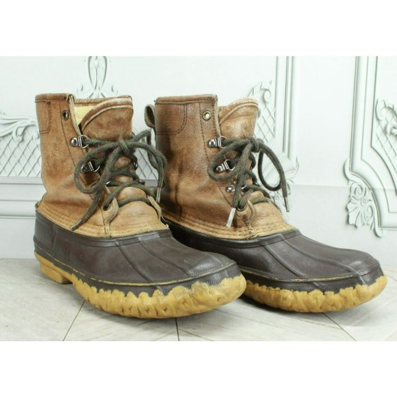 Vintage LL Bean Brown Leather Lace Up Shearling Lined Duck Boots Size 9 - Picture 3 of 9